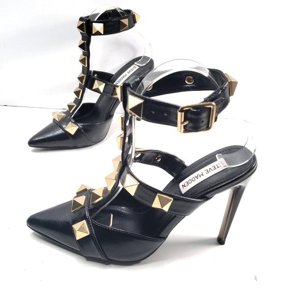 Steve Madden Shoes - Steve Madden High Heels Size 7 Black Faux Leather Gold Spiked Pointed Toe Heel